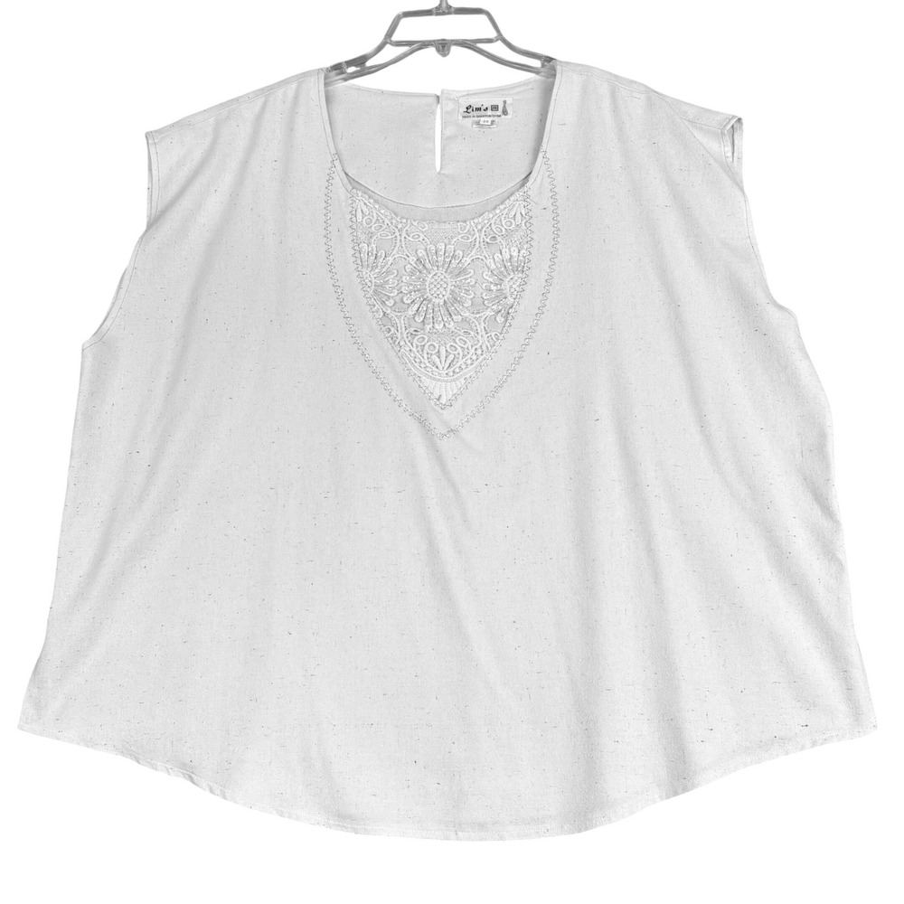 Lim's Womens 2X Cream Raw Silk Sleeveless‎ Lace Bib Sequin Boho Blouse Top Boxy